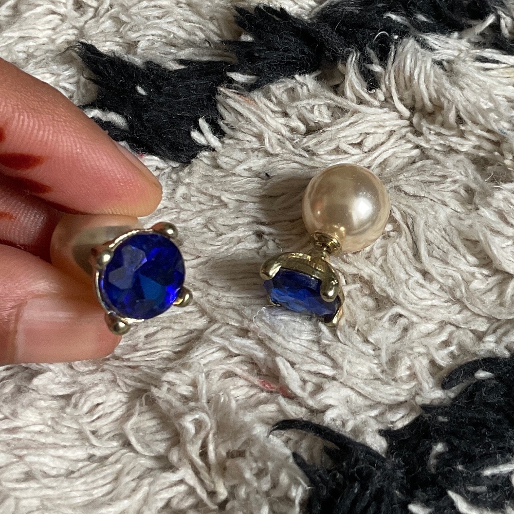 Classic Pearl Back Double-Sided Earrings with Sapphire Blue Crystal